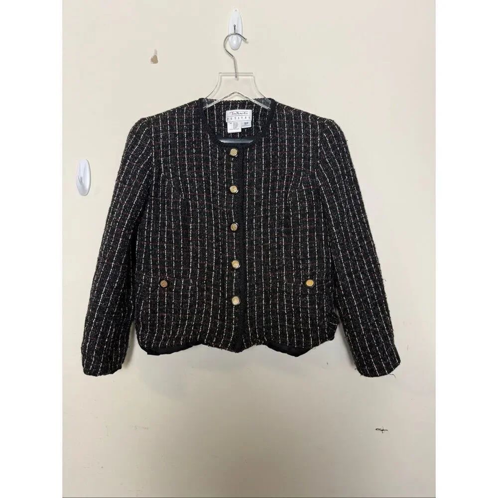 Talbots Petites Black Tweed Jacket Red White Grid Gold Button Classic Wool Blend
